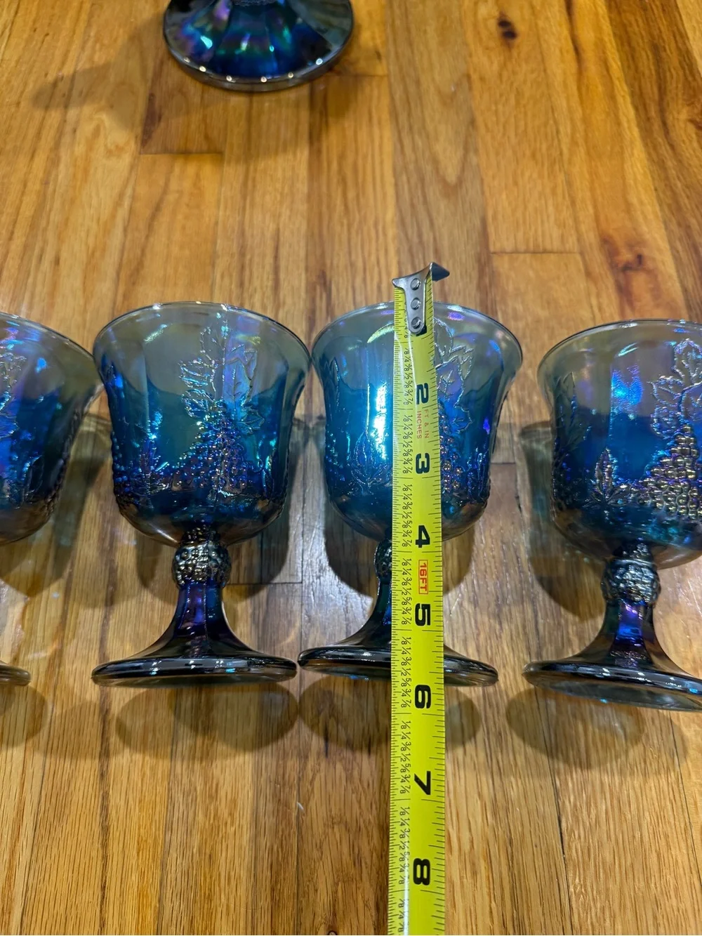 Iridescent Blue Glass Pitcher and 4 Goblets Set